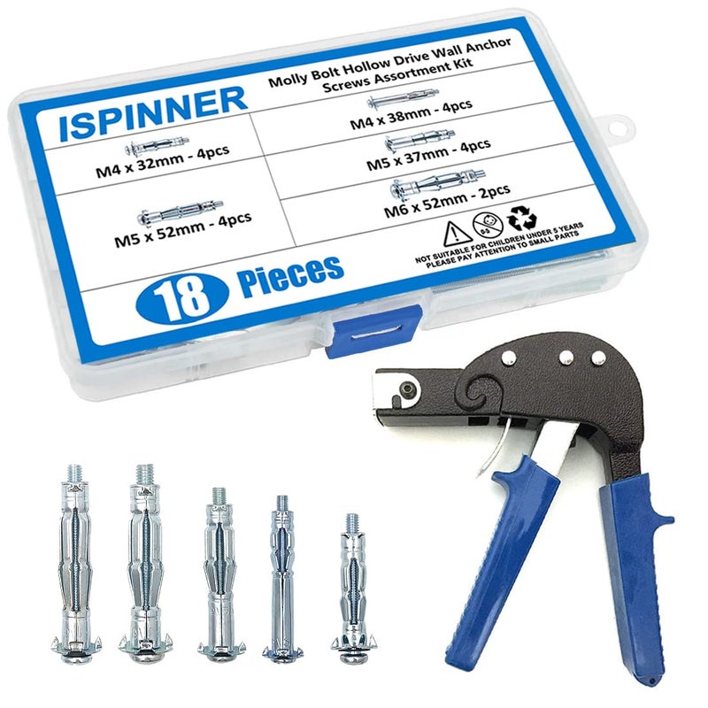 ISPINNER Wall Anchor Setting Tool with 18pcs Molly Bolt Hollow Drive Wall Anchor Screws Assortment Kit, Heavy Duty Anchor Gun for Cavity Anchor Plasterboard Fixing - Image 1